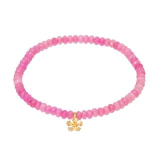 Rose Dyed Jade Stretch Bracelet 4mm – Faceted Rondelle Beads with Gold Flower